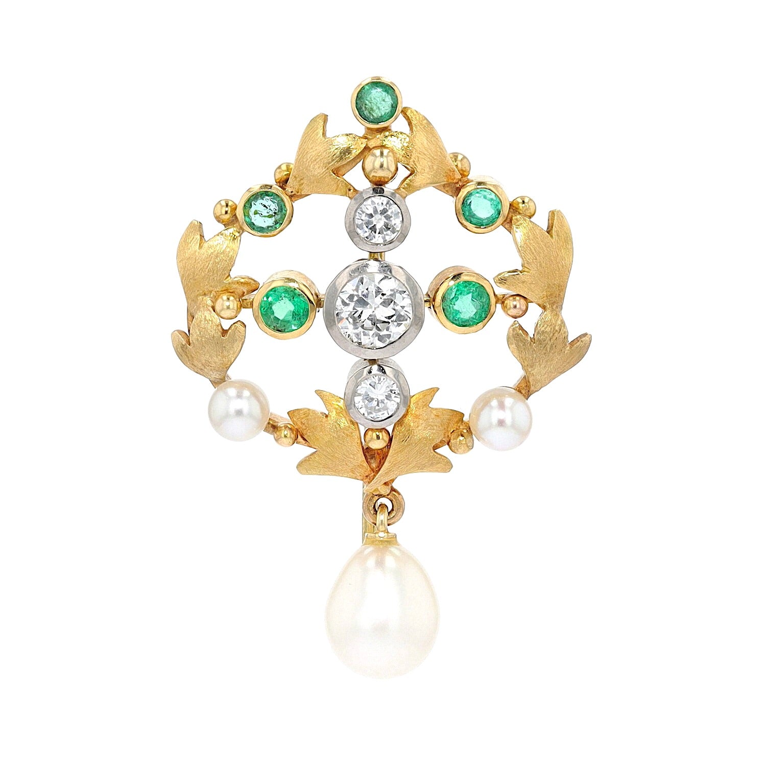 Brooch in 750 yellow gold with brilliants, emeralds, sapphire and cultured pearls, standing frontal