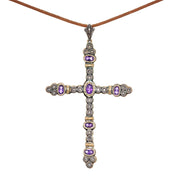 Large cross pendant from around 1910 in 585 gold, silver with amethysts and diamonds, hanging frontally