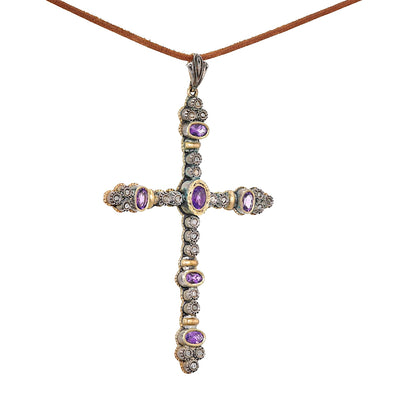 Large cross pendant from around 1910 in 585 gold, silver with amethysts and diamonds, hanging turned to the right