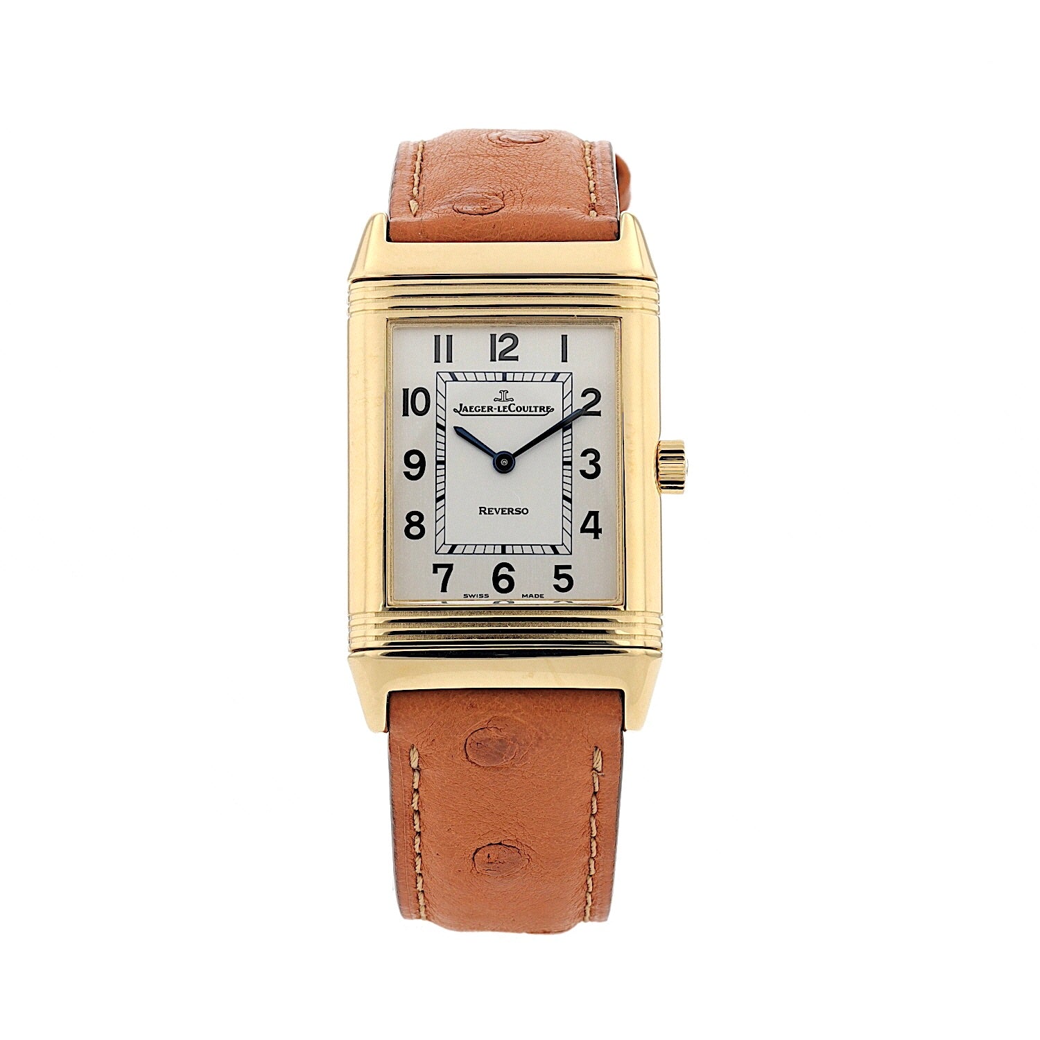 Jaeger-LeCoultre Reverso Classique ladies' wristwatch in 750 yellow gold with leather strap, standing front view