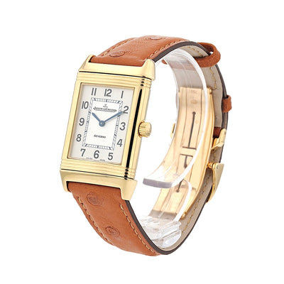 Jaeger-LeCoultre Reverso Classique ladies' wristwatch in 750 yellow gold with leather strap, standing inks turned