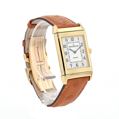 Ladies' Jaeger-LeCoultre Reverso Classique wristwatch in 750 yellow gold with leather strap, standing, turned right