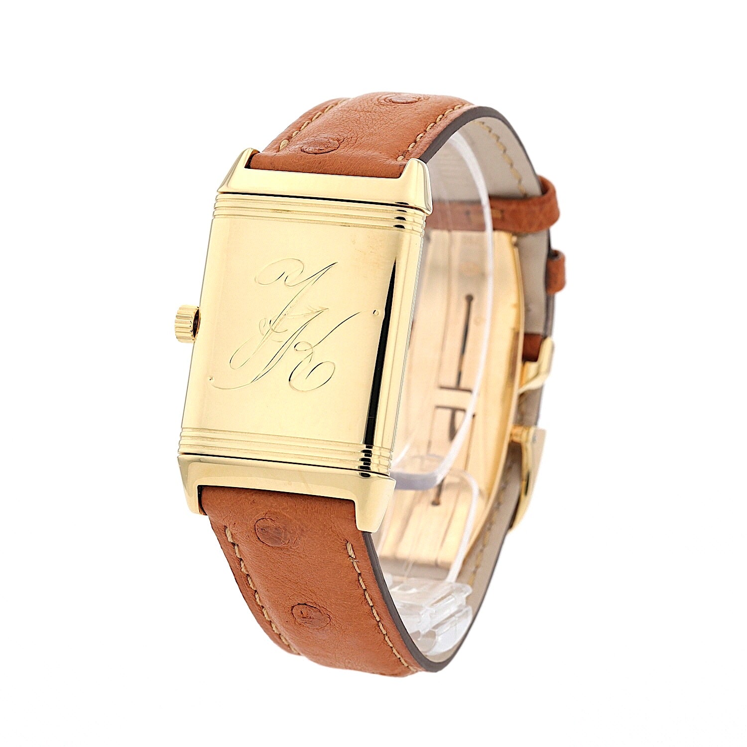 Jaeger-LeCoultre Reverso Classique ladies' wristwatch in 750 yellow gold with leather strap, standing inks turned