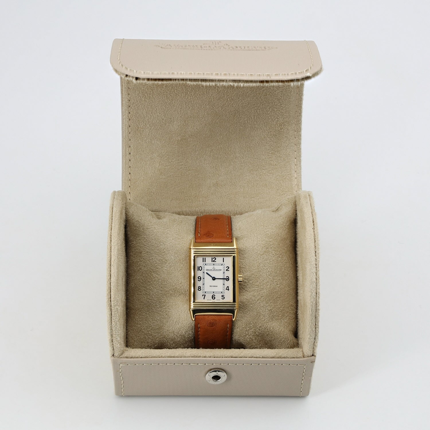 Ladies' Jaeger-LeCoultre Reverso Classique wristwatch in 750 yellow gold with leather strap, watch with box