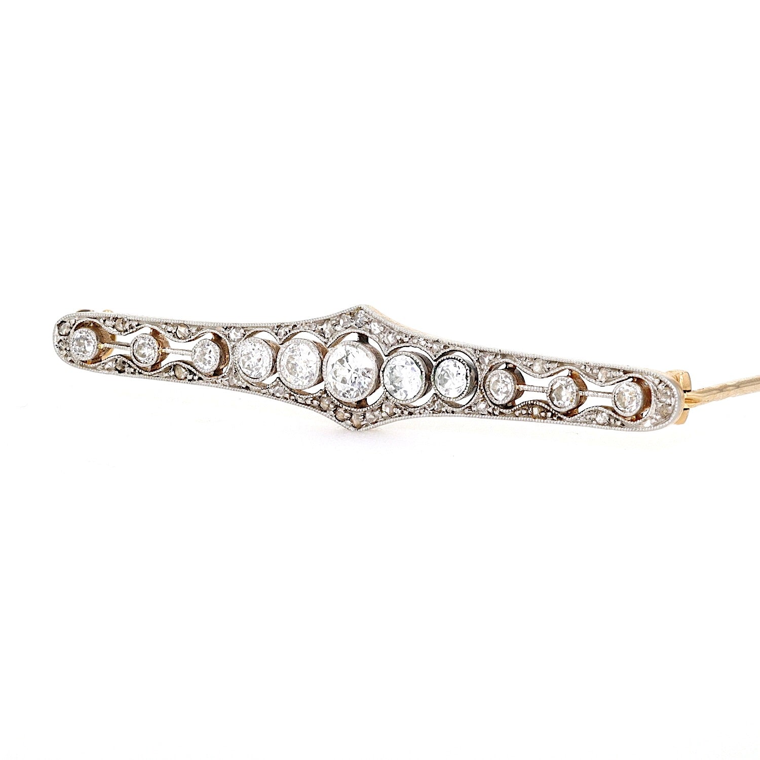 Art Déco brooch in 585 gold and platinum with diamonds, turned horizontally to the left