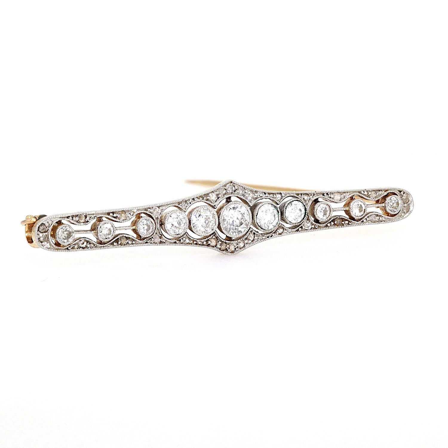 Art Déco brooch in 585 gold and platinum with diamonds, turned horizontally to the right