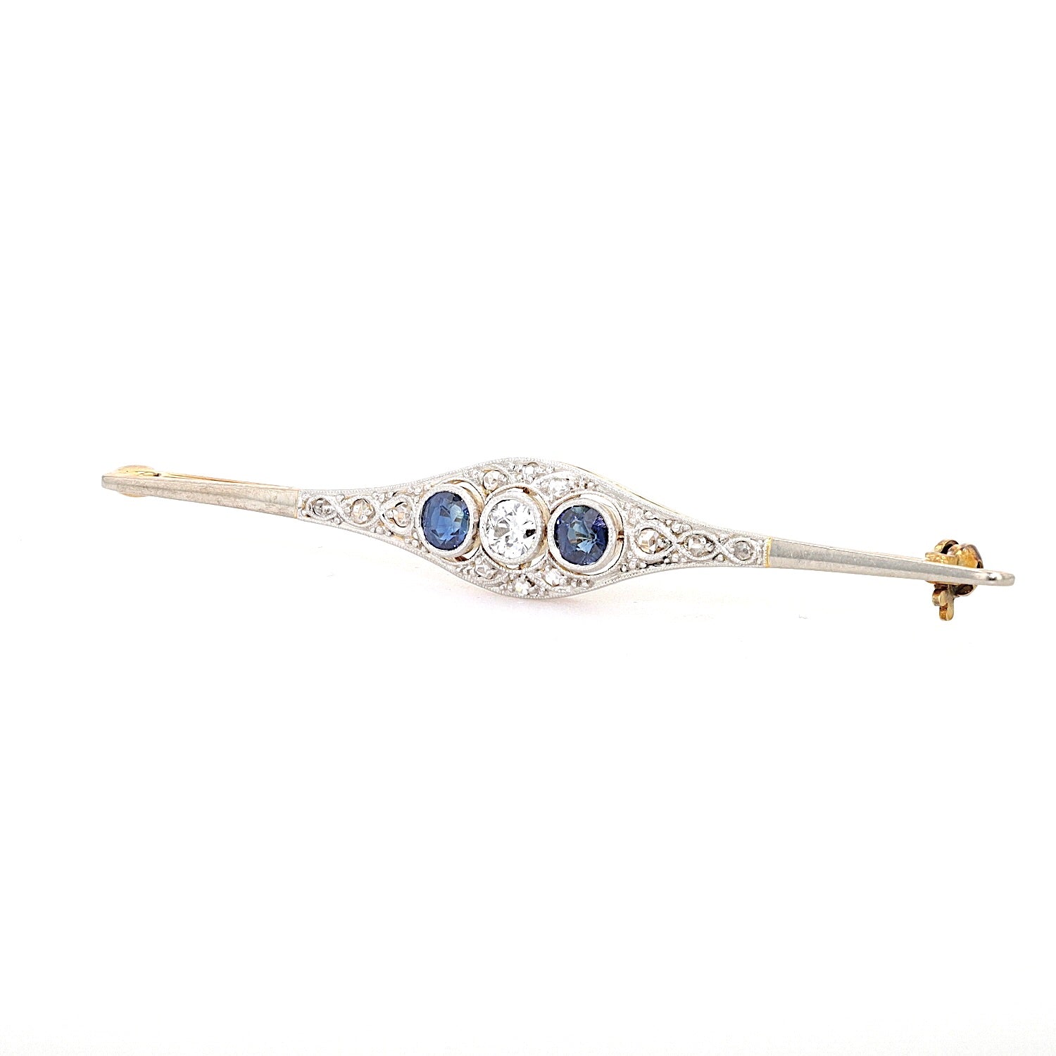 Art Déco brooch in 585 gold and platinum with diamonds and sapphires, turned horizontally to the left