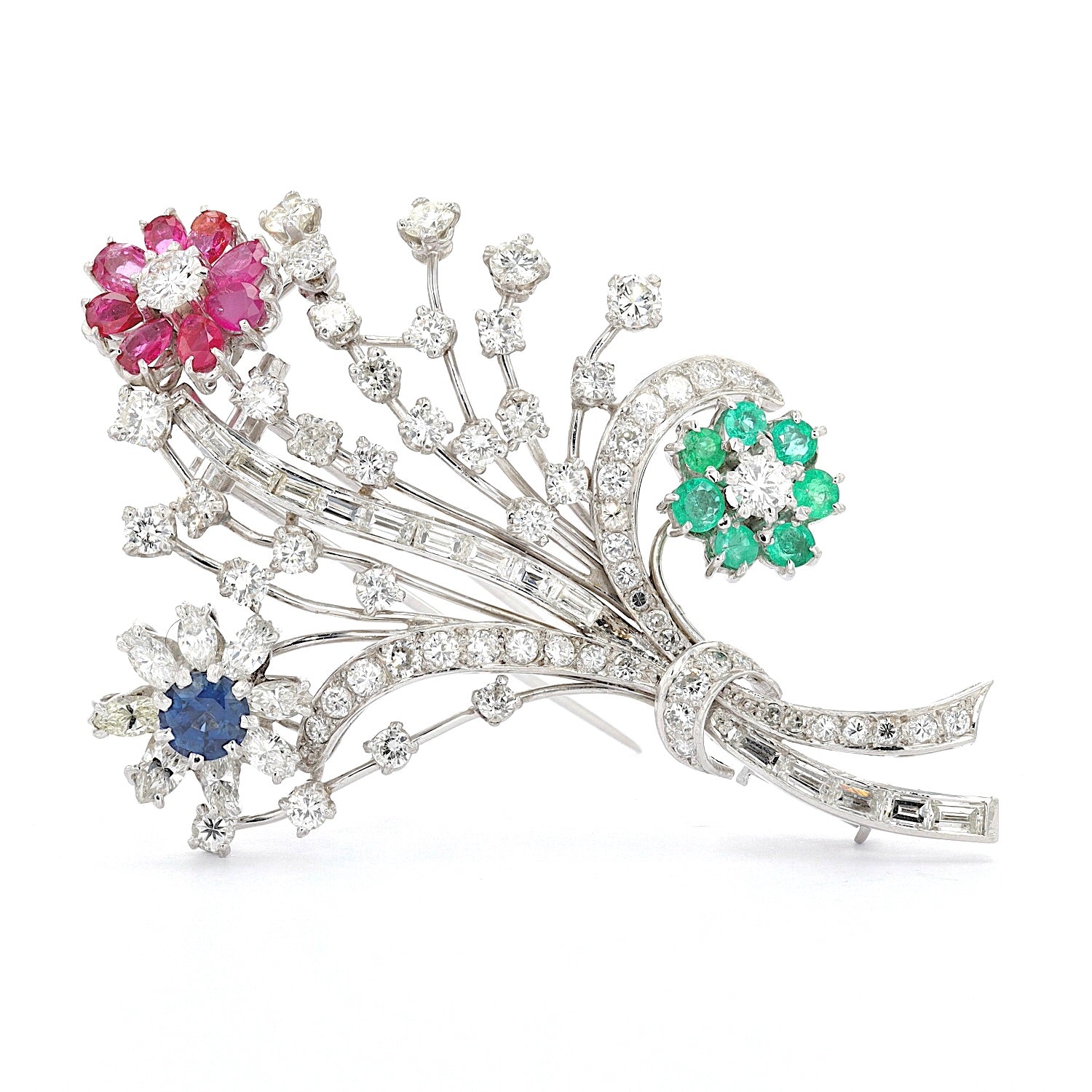 Platinum brooch with diamonds, brilliants, rubies, sapphires and emeralds, standing frontal