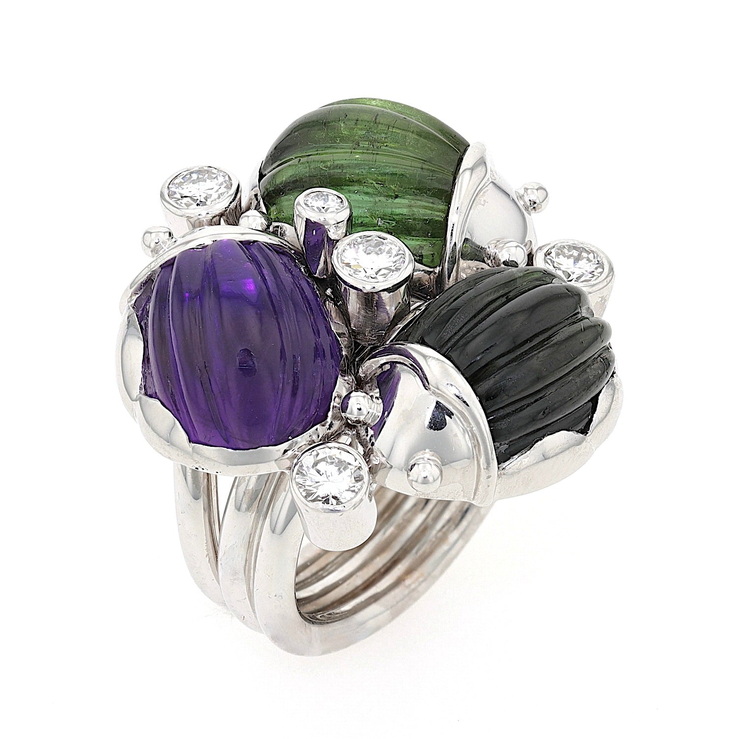 Ring in 750 gold rhodium-plated with amethyst, tourmalines and brilliants, standing