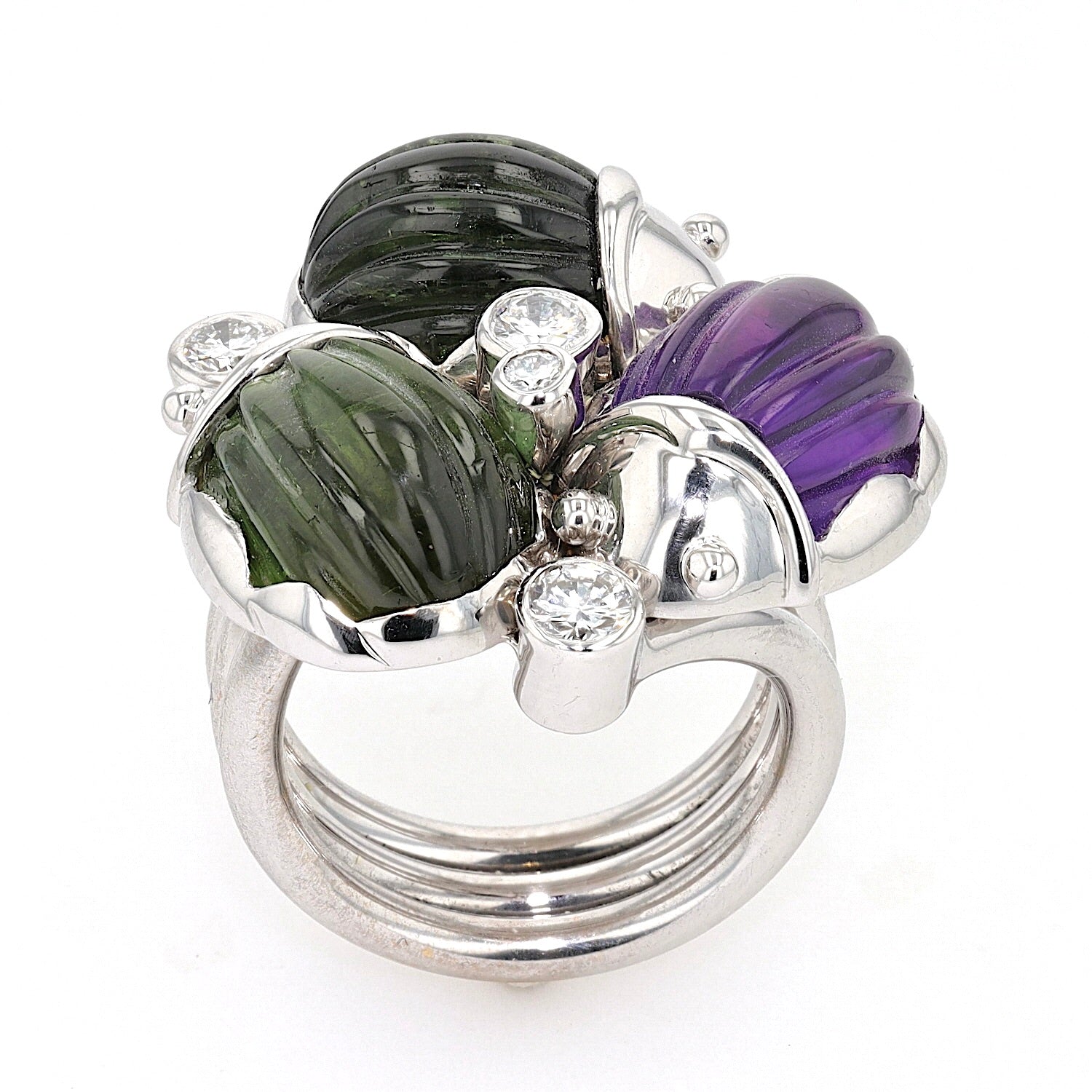 Ring in 750 gold rhodium-plated with amethyst, tourmalines and brilliants, side view