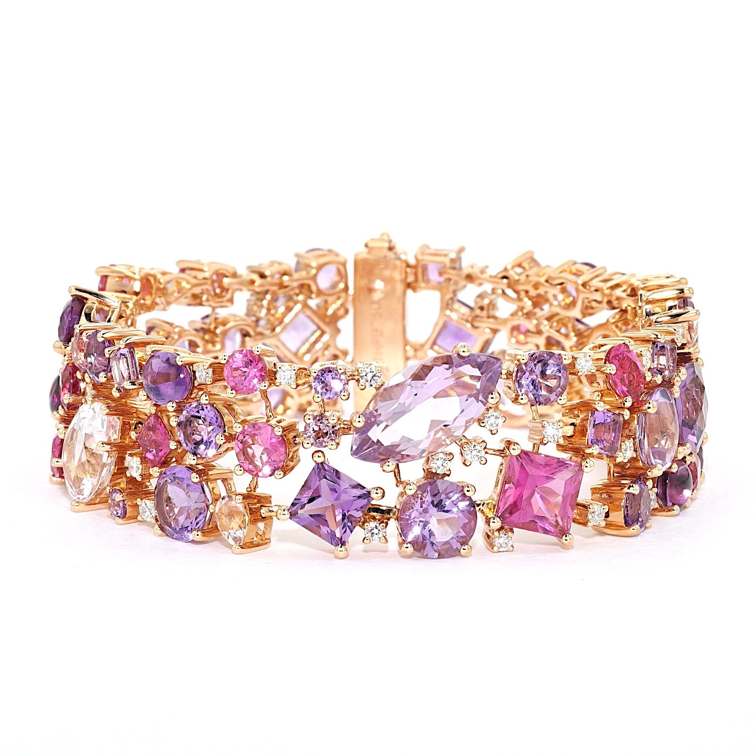 Bracelet by Buchwald in 750 rose gold with amethysts, tourmalines, sapphires, rubellites, morganites and brilliants, lying frontal