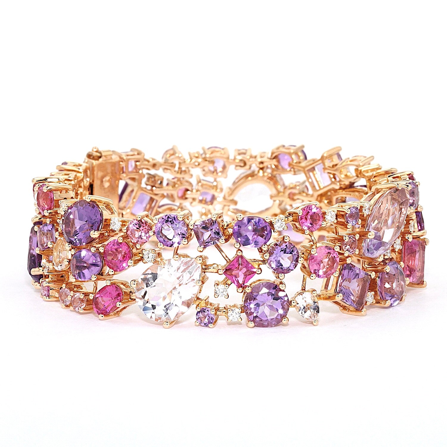 Bracelet by Buchwald in 750 rose gold with amethysts, tourmalines, sapphires, rubellites, morganites and brilliants, turned horizontally to the right