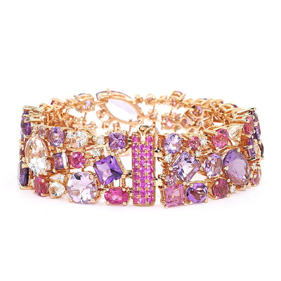 Bracelet by Buchwald in 750 red gold with amethysts, tourmalines, sapphires, rubellites, morganites and brilliants, horizontal frontal lock