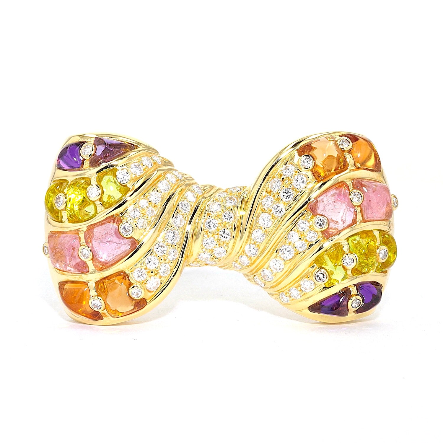 Brooch in 750 yellow gold with brilliants, amethysts, citrines, tourmalines and glass, standing frontal