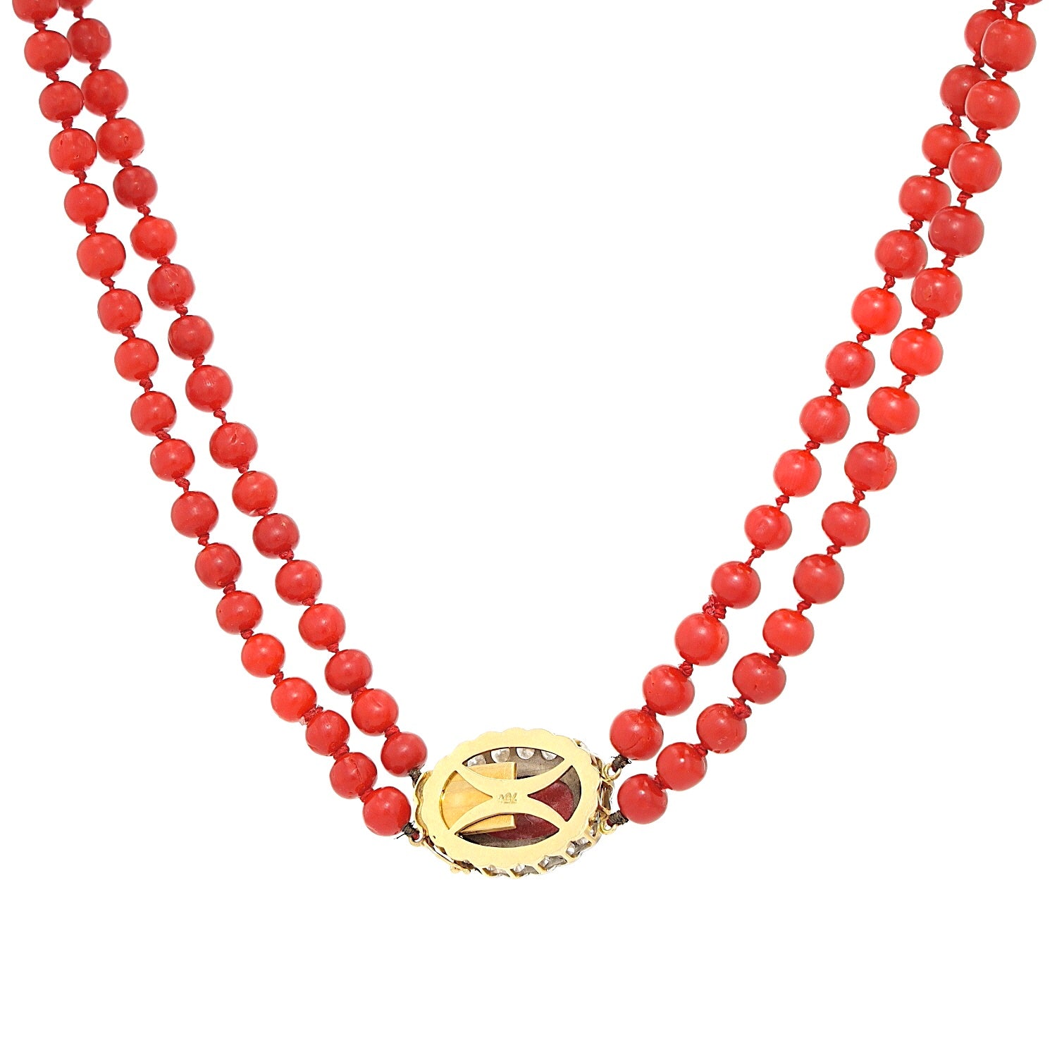 Vintage necklace with precious corals and a lock in 750 yellow gold with a total of approx. 1.8 ct brilliants, hanging back