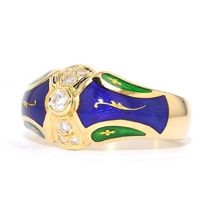 Fabergé ring, limited, in 750 gold with brilliants and green and blue enamel, turned horizontally to the left