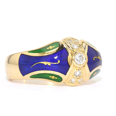 Fabergé ring, limited, in 750 gold with brilliants and green and blue enamel, turned horizontally to the right