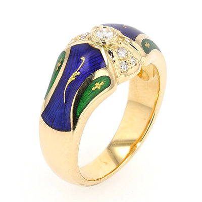 Fabergé ring, limited, in 750 gold with brilliants and green and blue enamel, standing