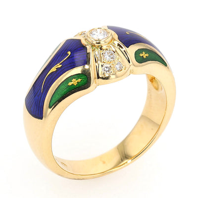 Fabergé ring, limited, in 750 gold with brilliants and green and blue enamel, side view