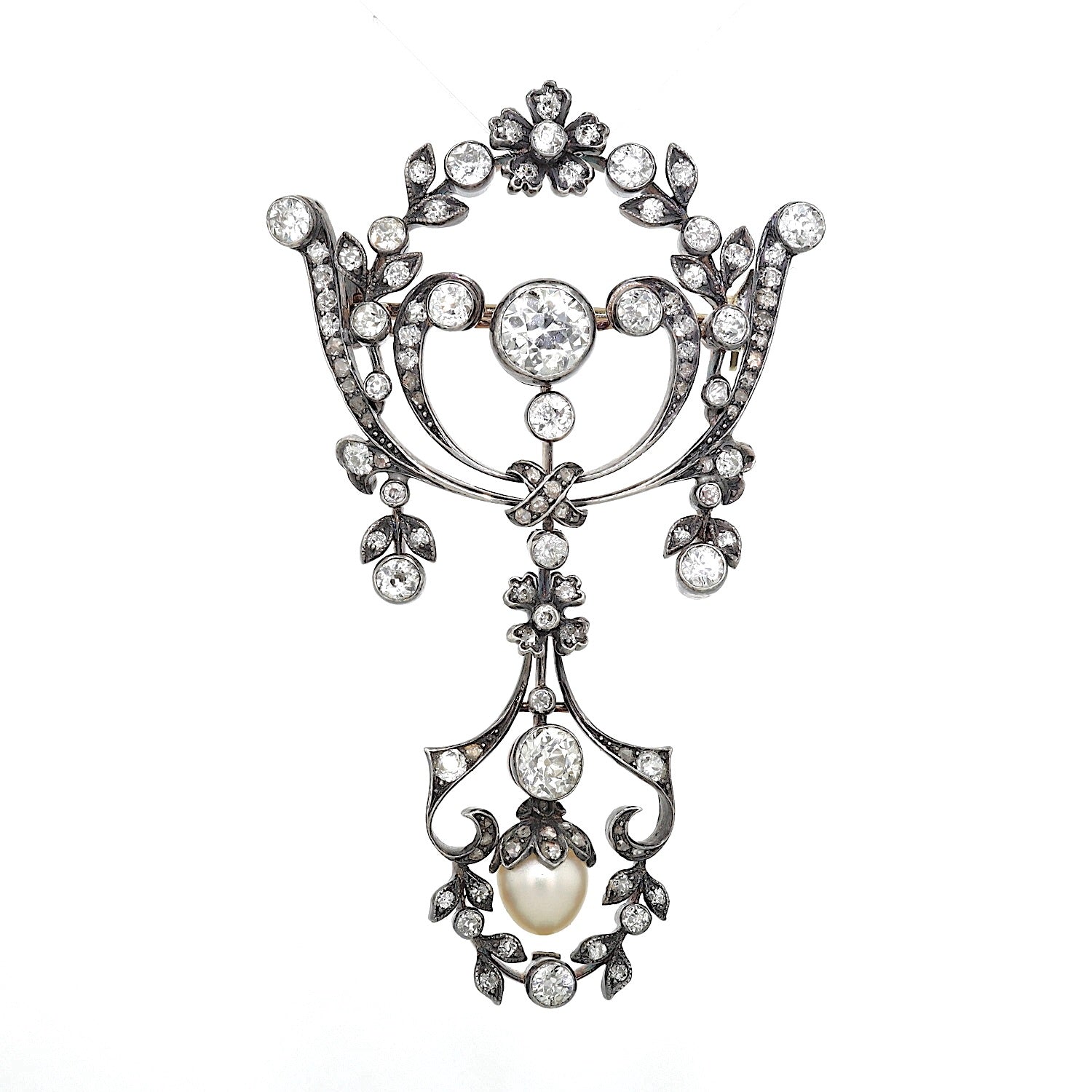 Victorian brooch in 585 gold and silver with a total of approx. 2.8 ct diamonds and a natural pearl, hanging frontally