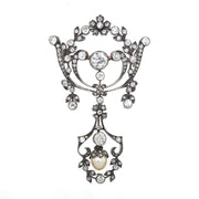 Victorian brooch in 585 gold and silver with a total of approx. 2.8 ct diamonds and a natural pearl, hanging frontally