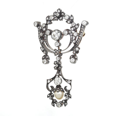 Victorian brooch made of 585 gold and silver with a total of approx. 2.8 ct diamonds and a natural pearl, hanging turned to the left