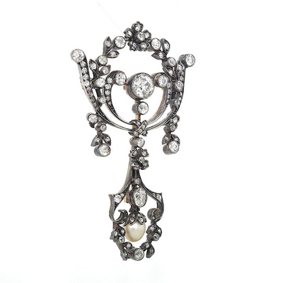 Victorian brooch in 585 gold and silver with a total of approx. 2.8 ct diamonds and a natural pearl, hanging turned to the right