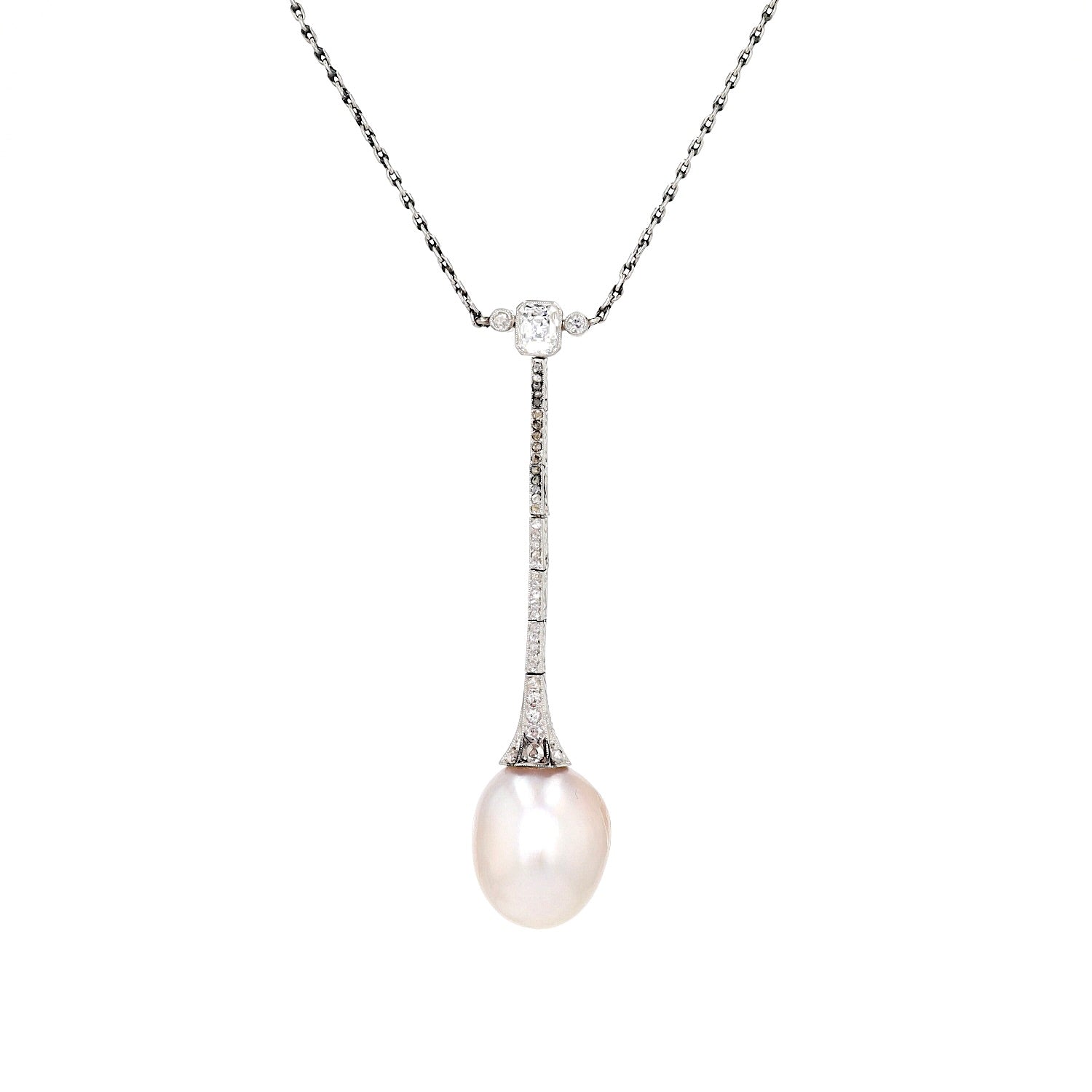 Art Deco necklace in platinum with a large natural pearl and diamonds, close-up hanging turned left