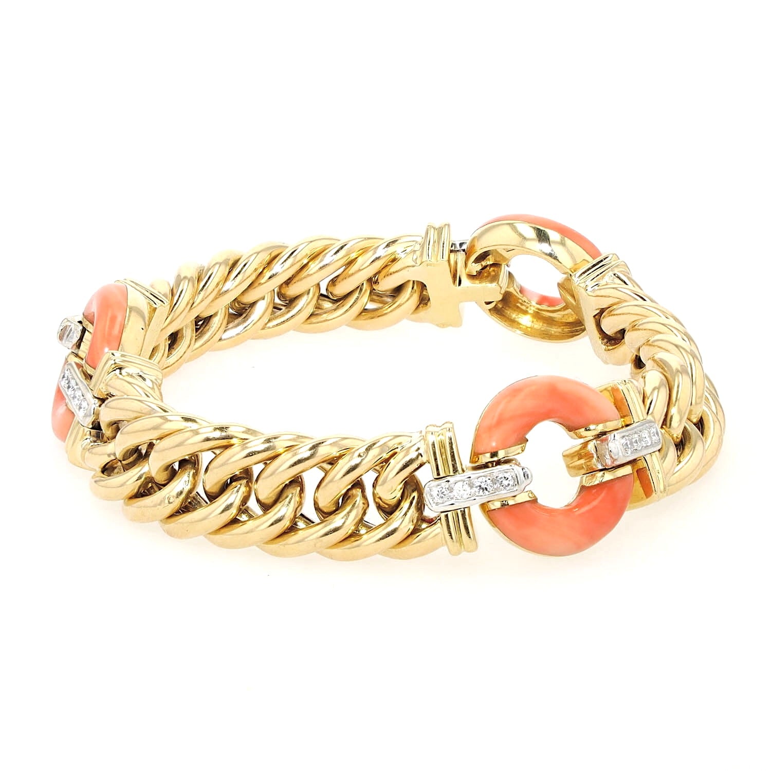 Vintage bracelet made in Italy in 750 yellow gold with brilliants and corals, turned horizontally to the right