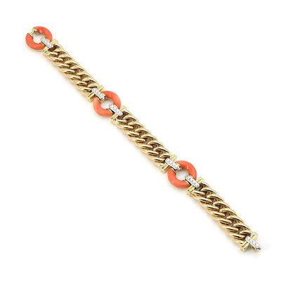 Vintage bracelet made in Italy in 750 yellow gold with brilliants and corals, horizontal top view
