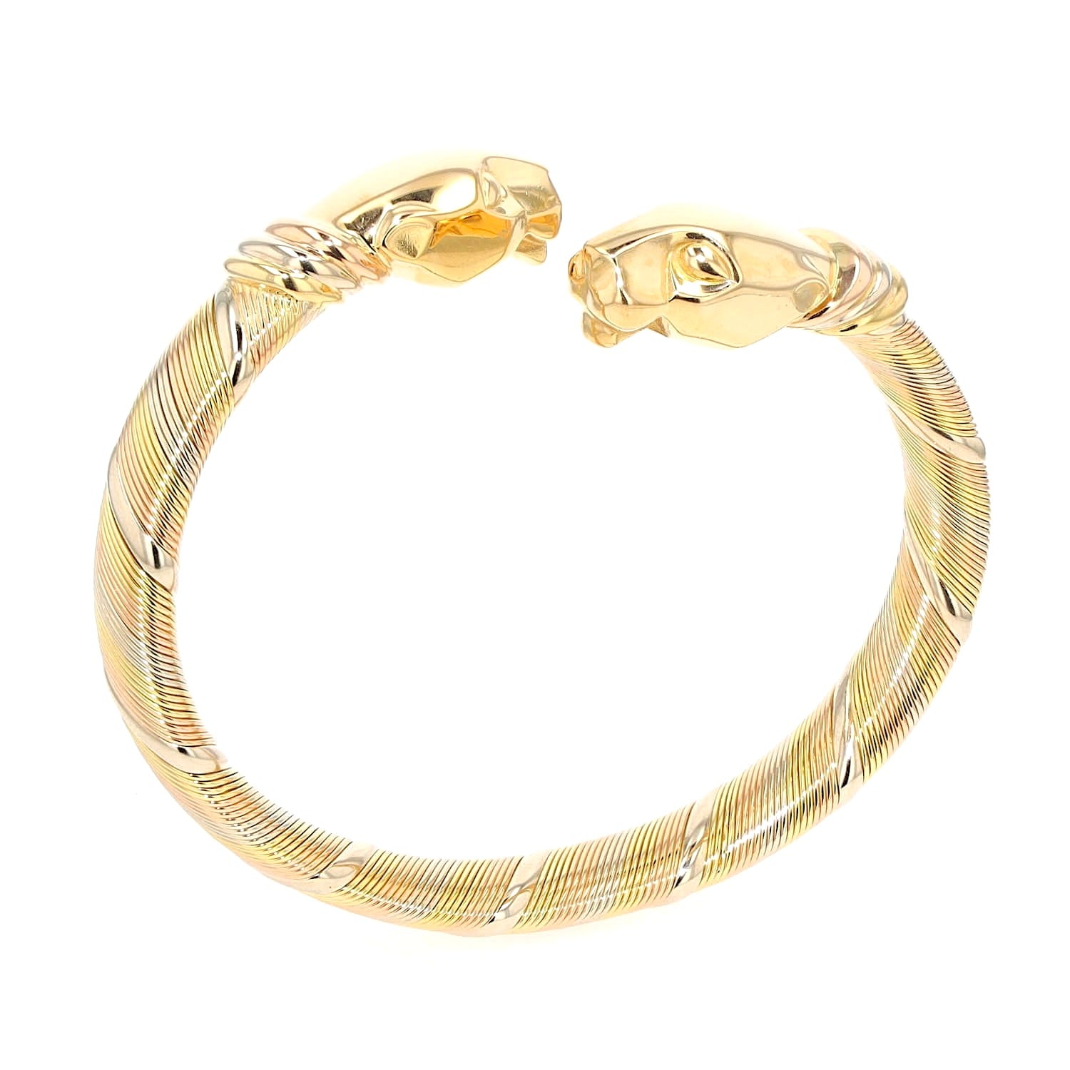 Vintage bangle by Cartier, Cougar Panthère in 750 tricolor gold, standing frontal