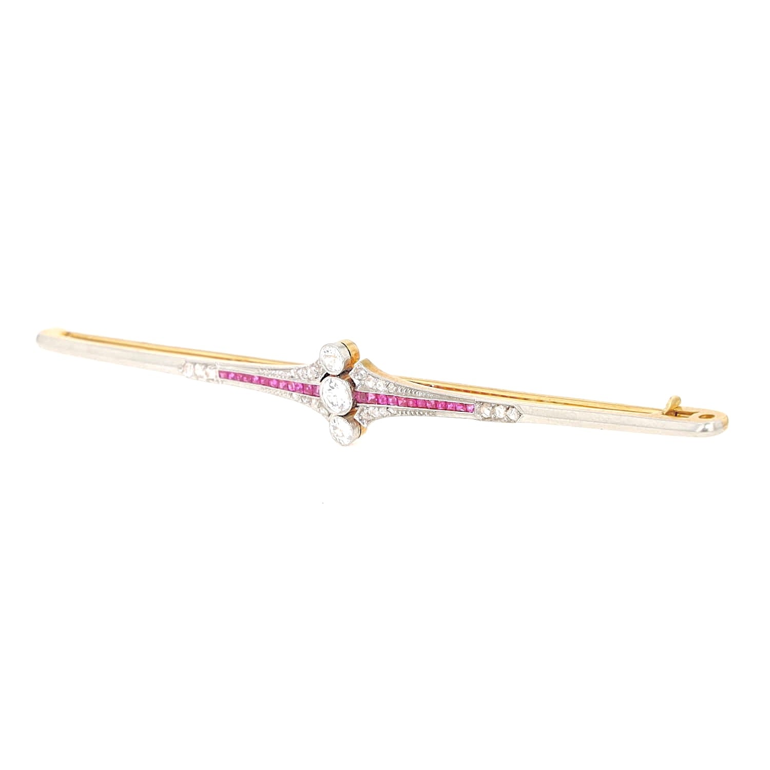 Art Deco bar pin in 750 yellow gold, platinum-plated with diamonds and sapphires, turned horizontally to the left