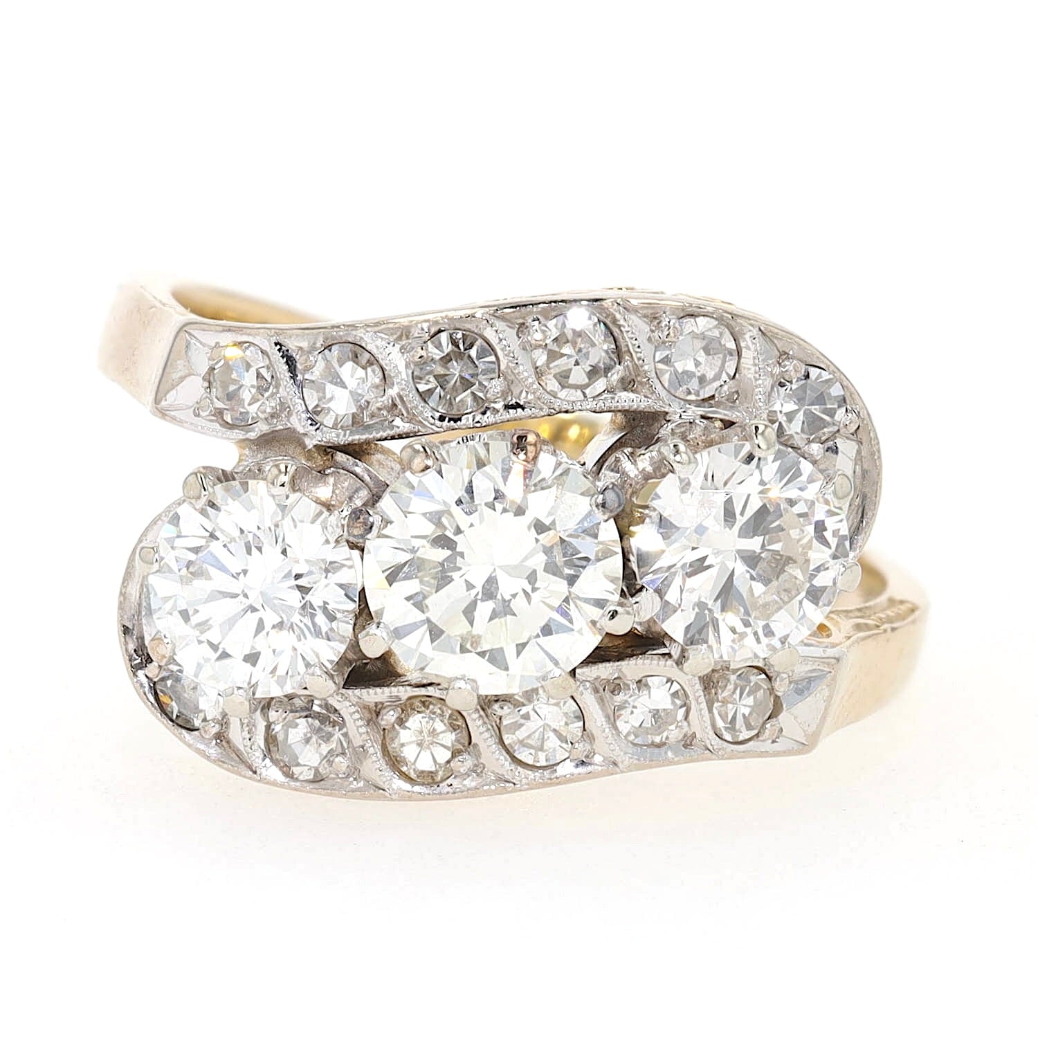 Vintage ring in 585 yellow and white gold with a total of approx. 1.58 ct brilliants and diamonds, lying frontally