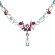 Necklace in 750 white gold with a total of approx. 156 ct of colorful gemstones, aquamarines, kunzites, montebrasites, morganites, prasiolites, rhodolites, topazes, tourmalines, hanging frontally